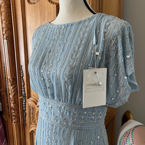 NTW Mac Duggal Size 6 Blue Beaded Empire Waist Column Midi Cocktail Dress 93649 - Picture 5 of 10